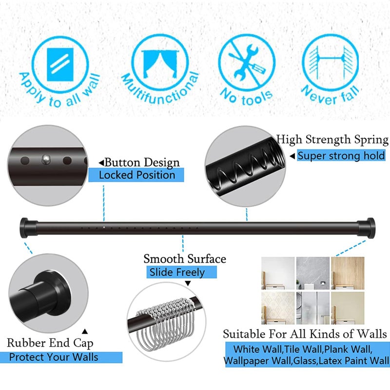 MELCHEF Tension Curtain Rod Shower Curtain Rod Room Divider,No Drilling,No-Fall Down,Adjustable Tension Rod,Spring Tension Curtain Rods,Adjustable Tension Rod For Heavy Duty Curtains 83-122 Inch Black - Image 2